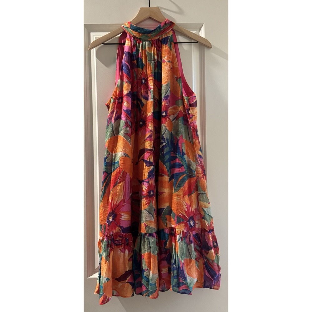 State Floral Halter Mini Dress Large Tropical Bright Pink Orange Boho coastal